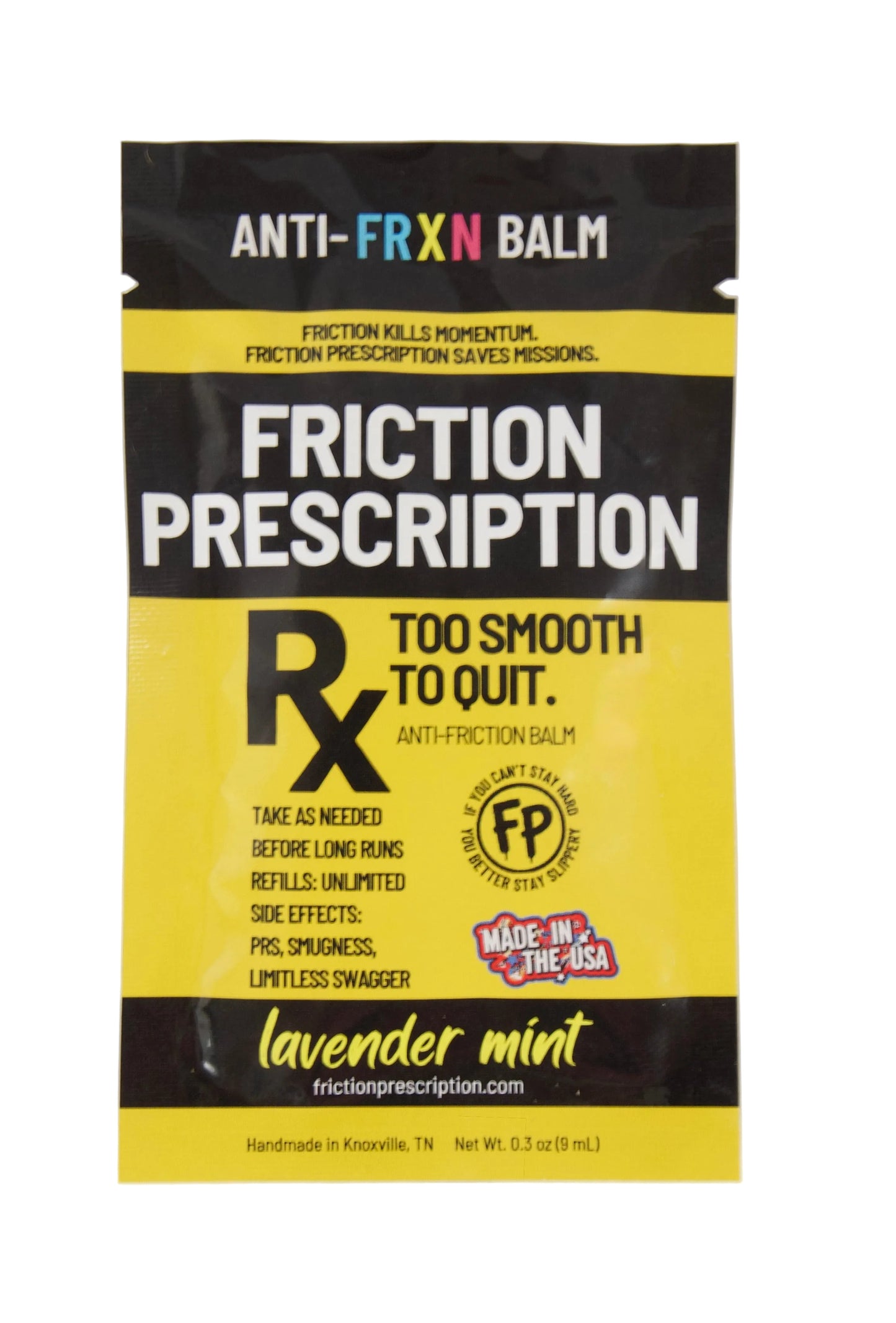 Friction Prescription balm packaging with black and yellow design on a white background