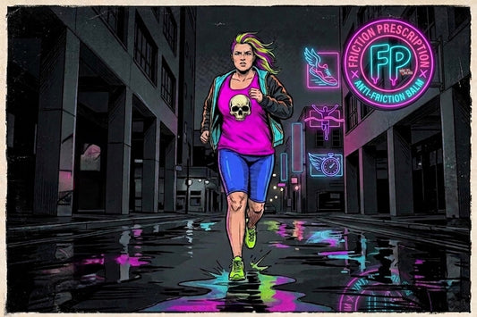 Comic-style illustration of a plus-size woman running through a rain-soaked city street at night, with Friction Prescription neon signage glowing in the background