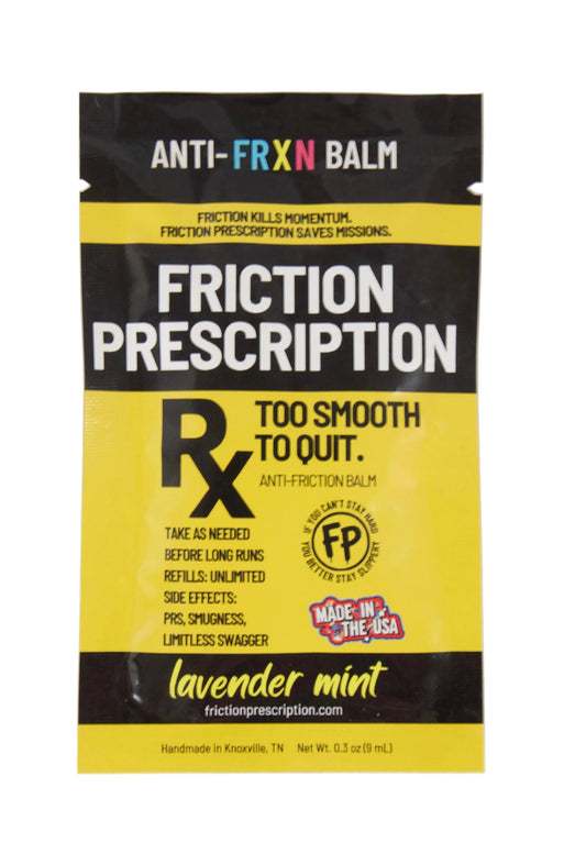 Friction Prescription balm packaging with black and yellow design on a white background