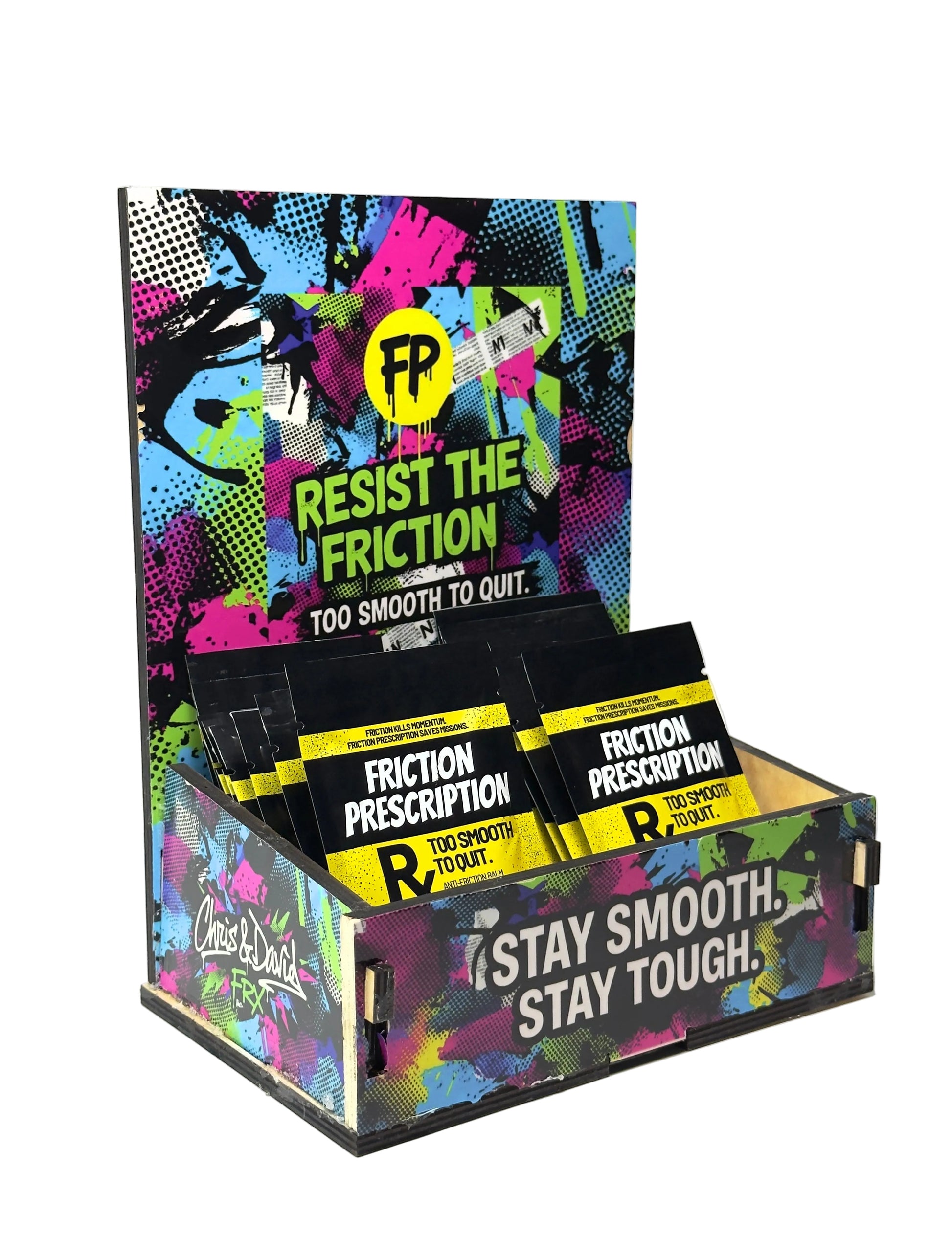 Display box of Friction Prescription products with colorful design and text.